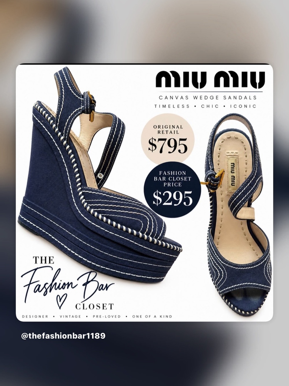 Miu Miu Navy Canvas Platform Wedge Sandals with White Stitching